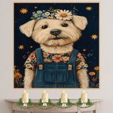 Fluffy White Dog Wall Art Wearing Floral Overalls and Flower Crown Whimsical Animal Nursery Decor Farmhouse Bedroom Art Country Cottage Gifts for Dog Lovers on Ready to Hang 1.5" Thick Canvas Wrap, Floating Framed Canvas, Flat Rolled Canvas